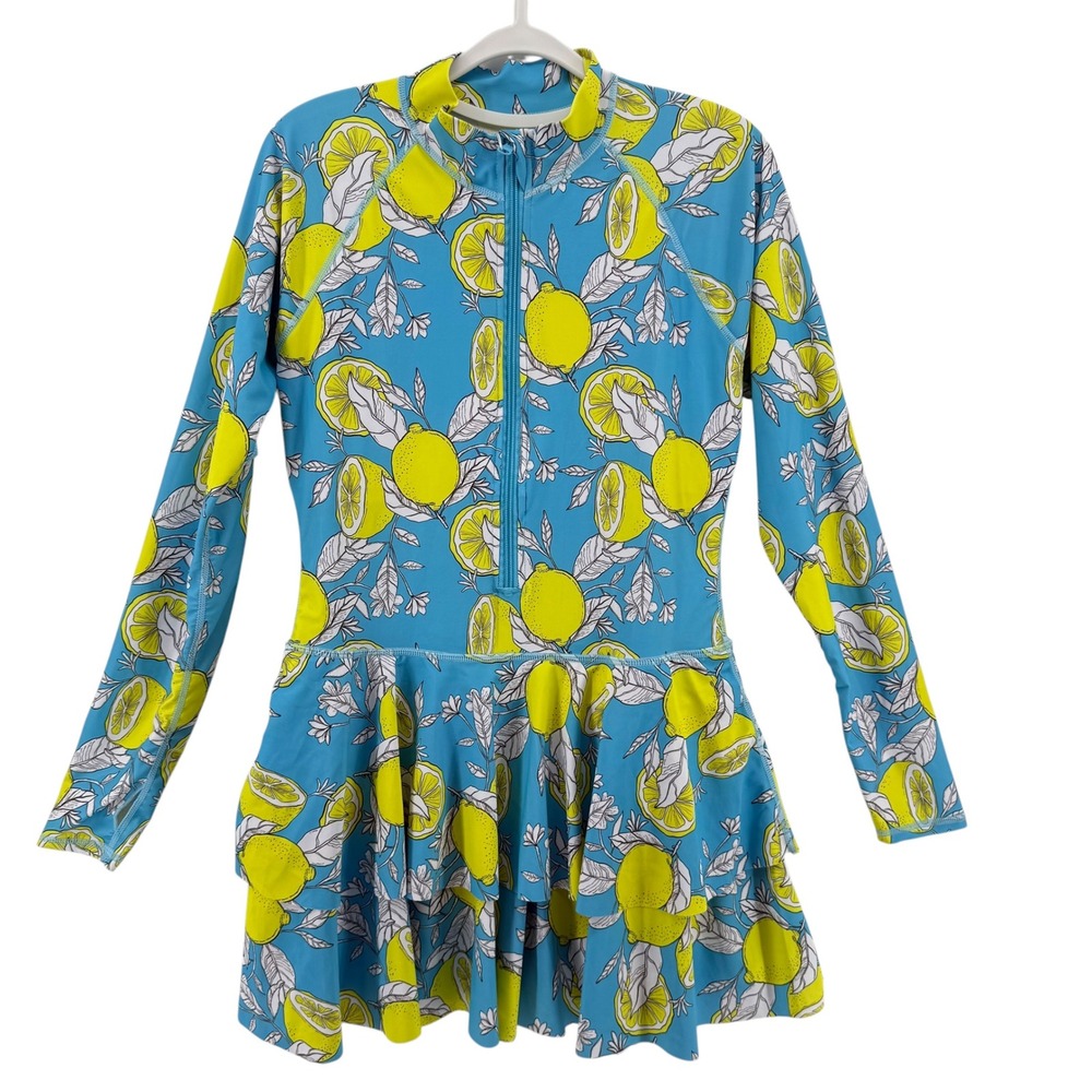 NWT Uniquebella Womens Blue Lemon Print Long Sleeve Swim Dress Size Lg Half Zip